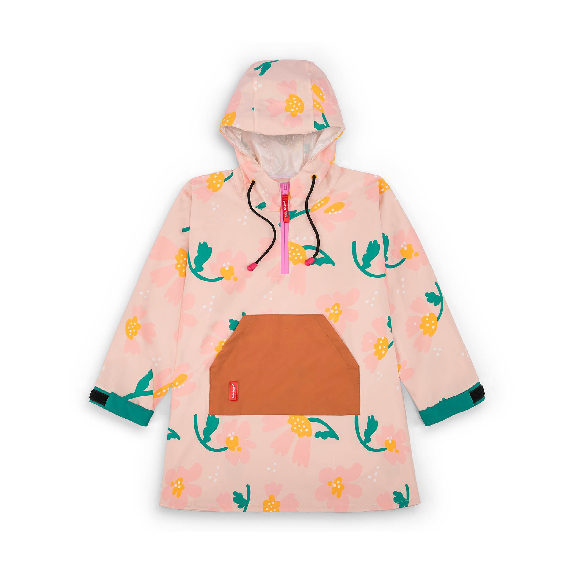 Kinder-Regenponcho Rosa mit Blumenmotiv und Camel-Tasche Hello Hossy