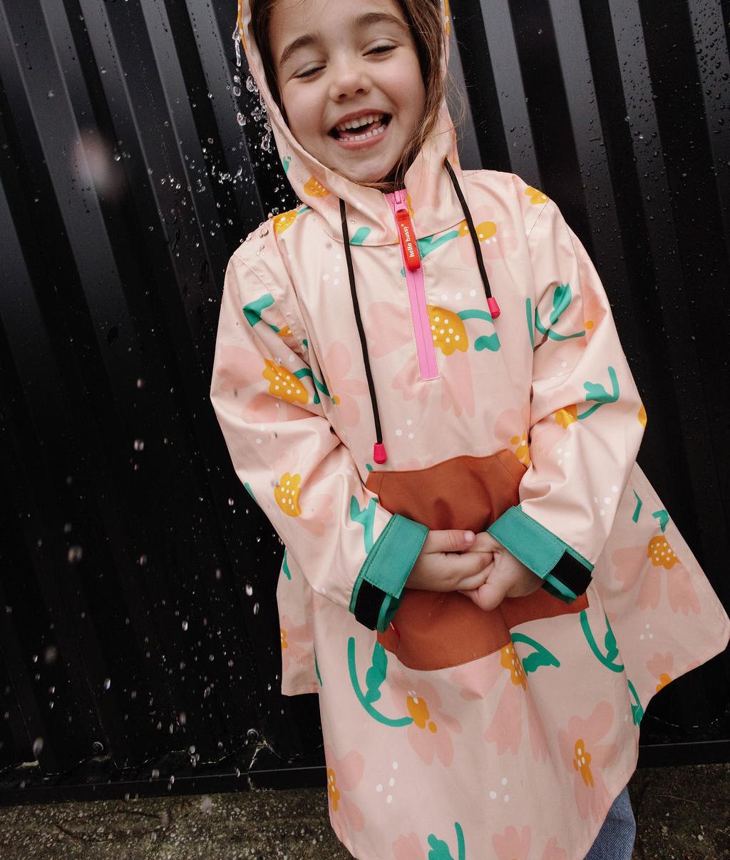 Kinder-regenponcho rosa Camel grün mit blumen-motiv und Kapuze Hello Hossy