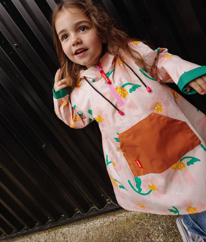 Kinder-regenponcho rosa mit blumen-aufdruck und Camel Tasche Hello Hossy