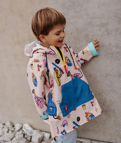 Kinder-Regenponcho cremeweiß blau rot mit Sport-Motiv, Taschen Hello Hossy