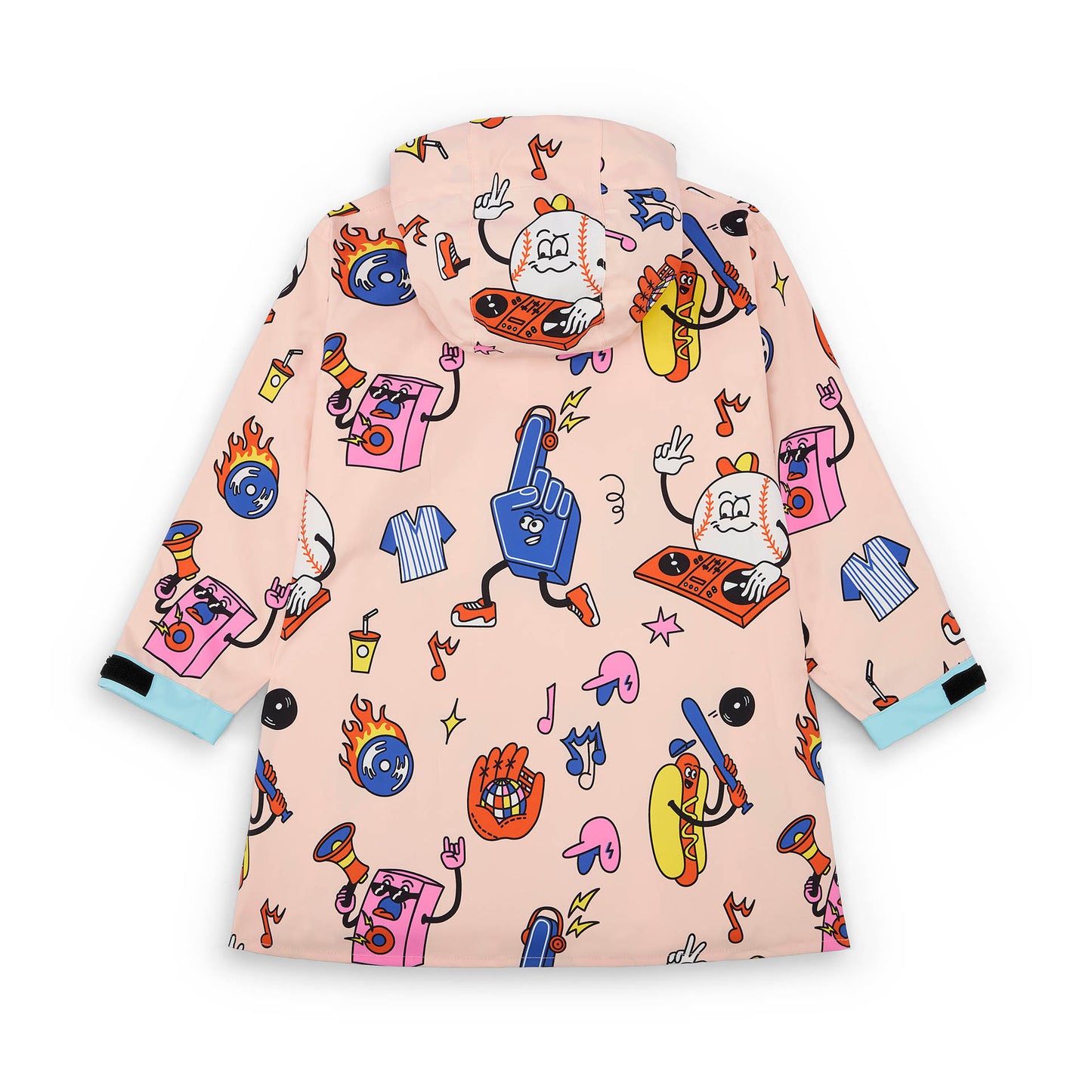 Kinder-Regenponcho cremeweiß mit Sport- und Food-Aufdruck blaue Ärmel Hello Hossy