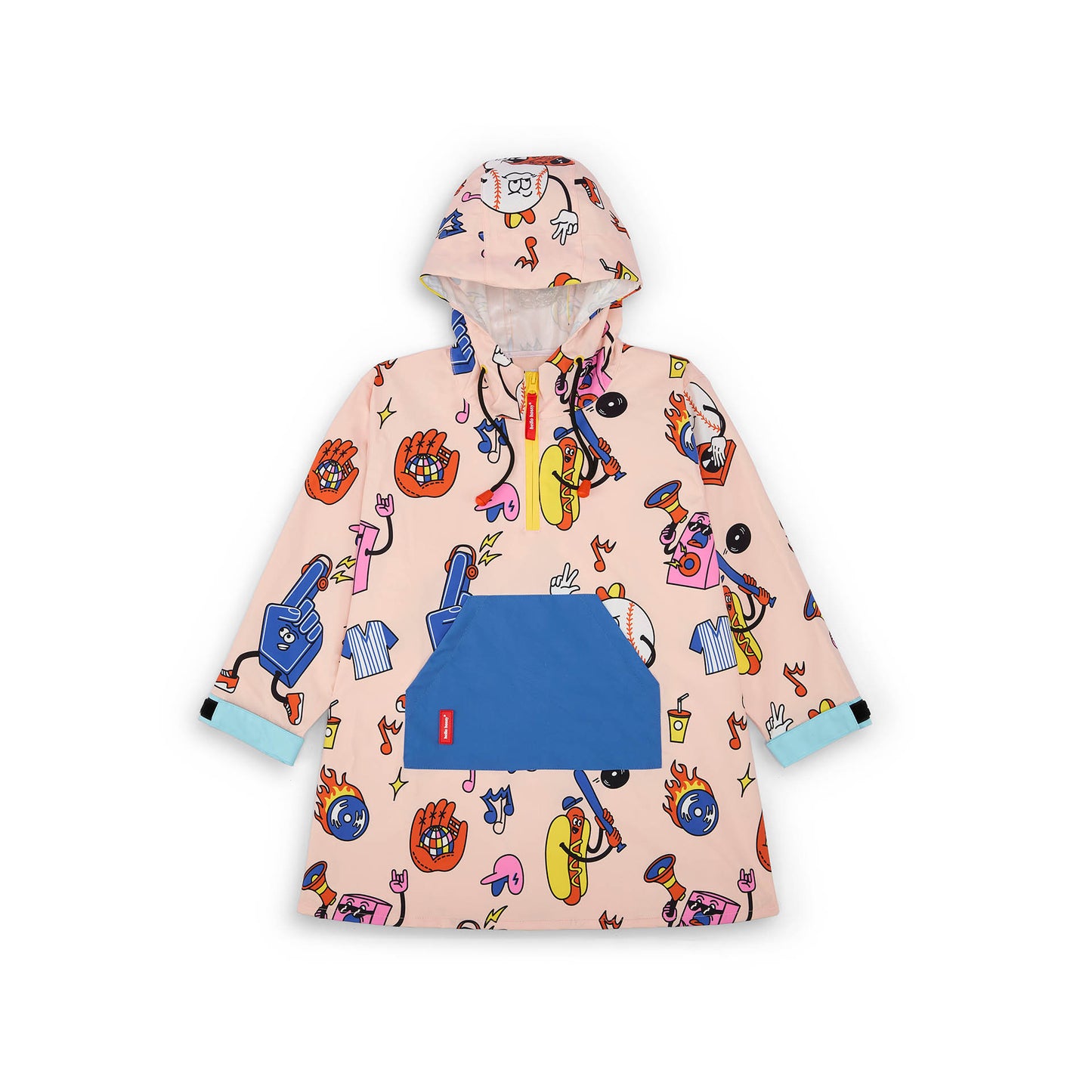 Kinder-Regenponcho rosa mit buntem Aufdruck, blaue Tasche Hello Hossy
