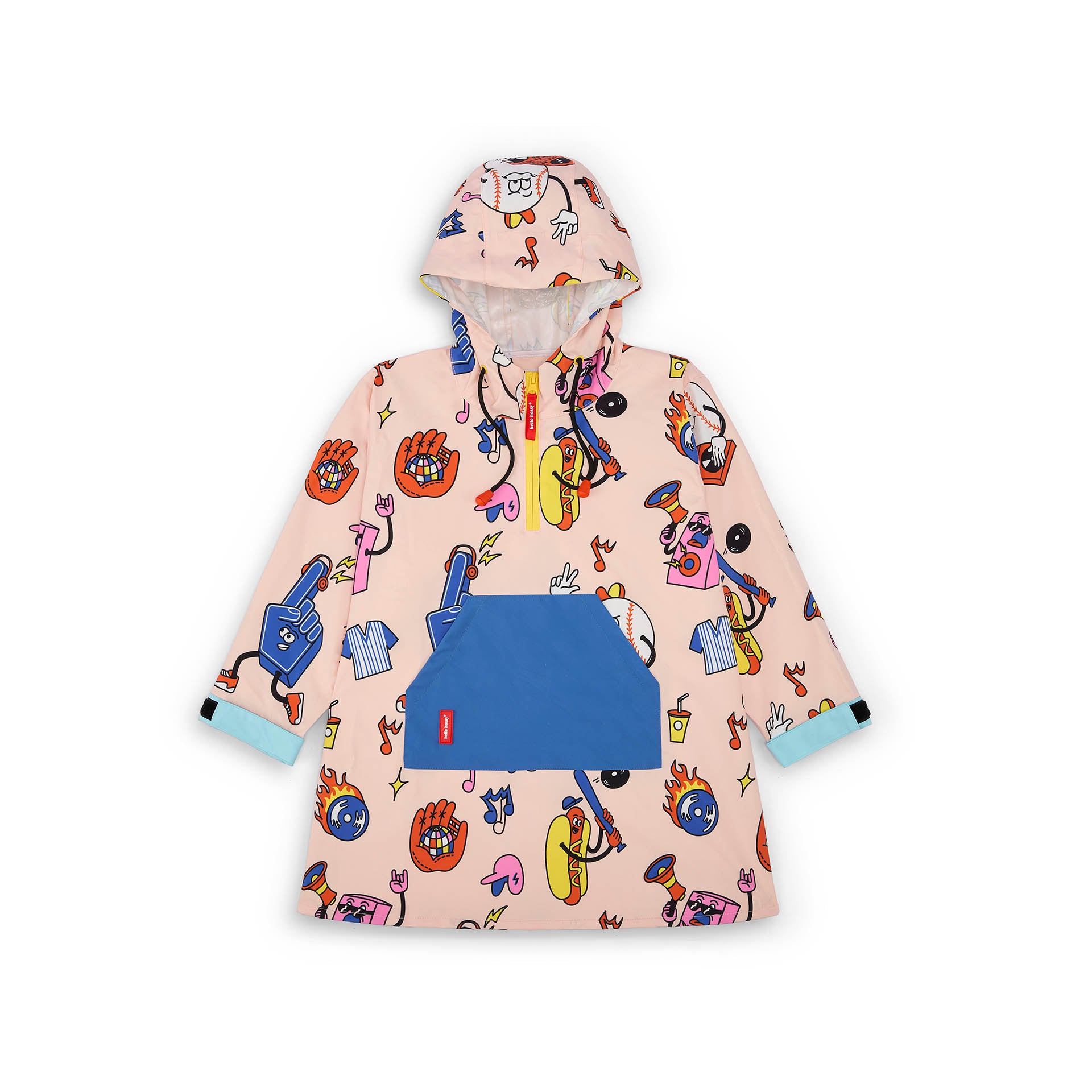 Kinder-Regenponcho rosa mit buntem Aufdruck, blaue Tasche Hello Hossy