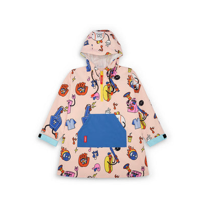 Kinder-Regenponcho rosa mit buntem Aufdruck, blaue Tasche Hello Hossy