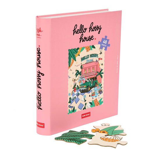 Puzzle pour enfant Hello Hossy au format livre – 36 pièces – dos illustré avec message de marque – vue avant
