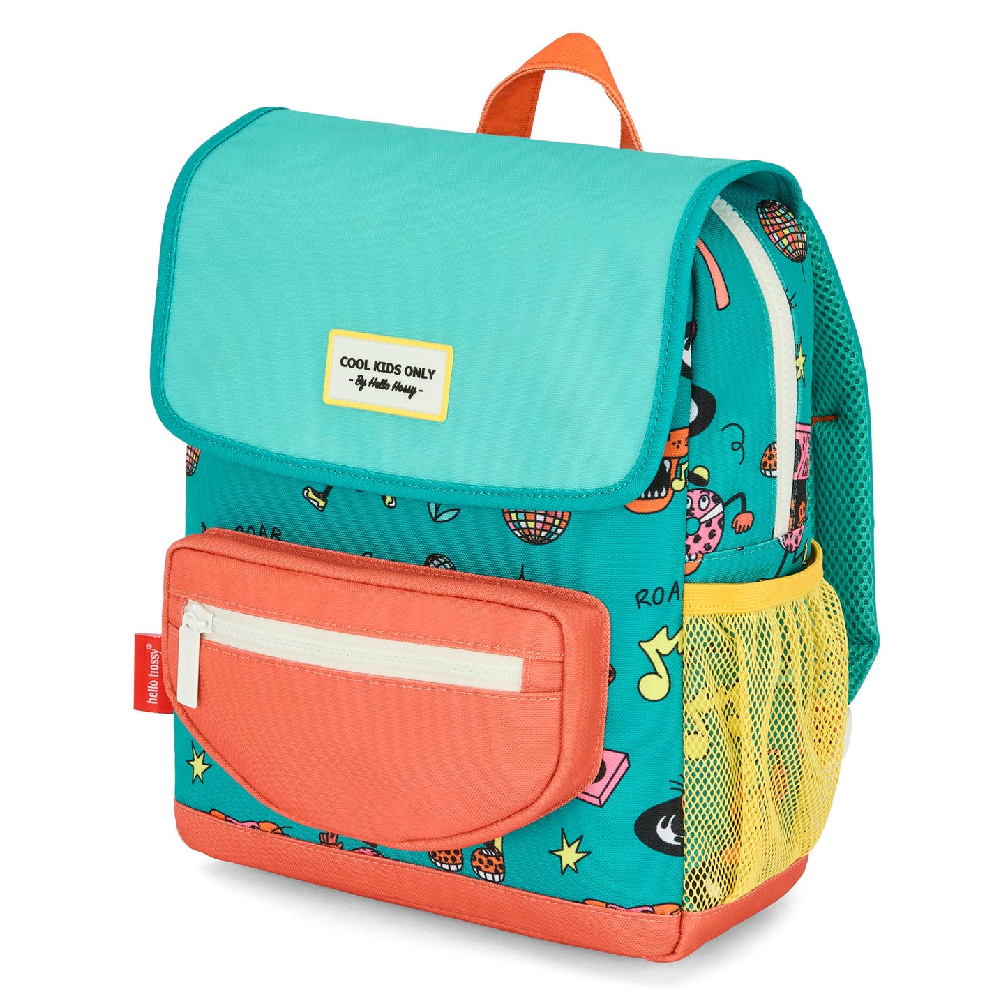 Sac à dos enfant vert corail motif animaux poche avant Hello Hossy