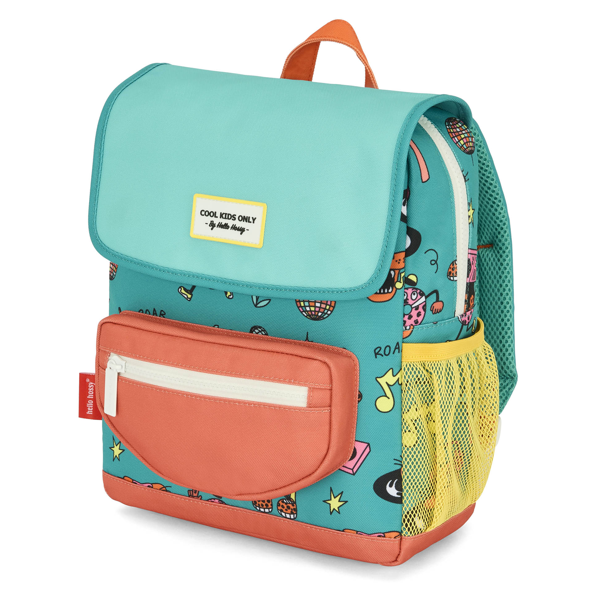 Sac à dos enfant vert corail motif animaux poche avant Hello Hossy