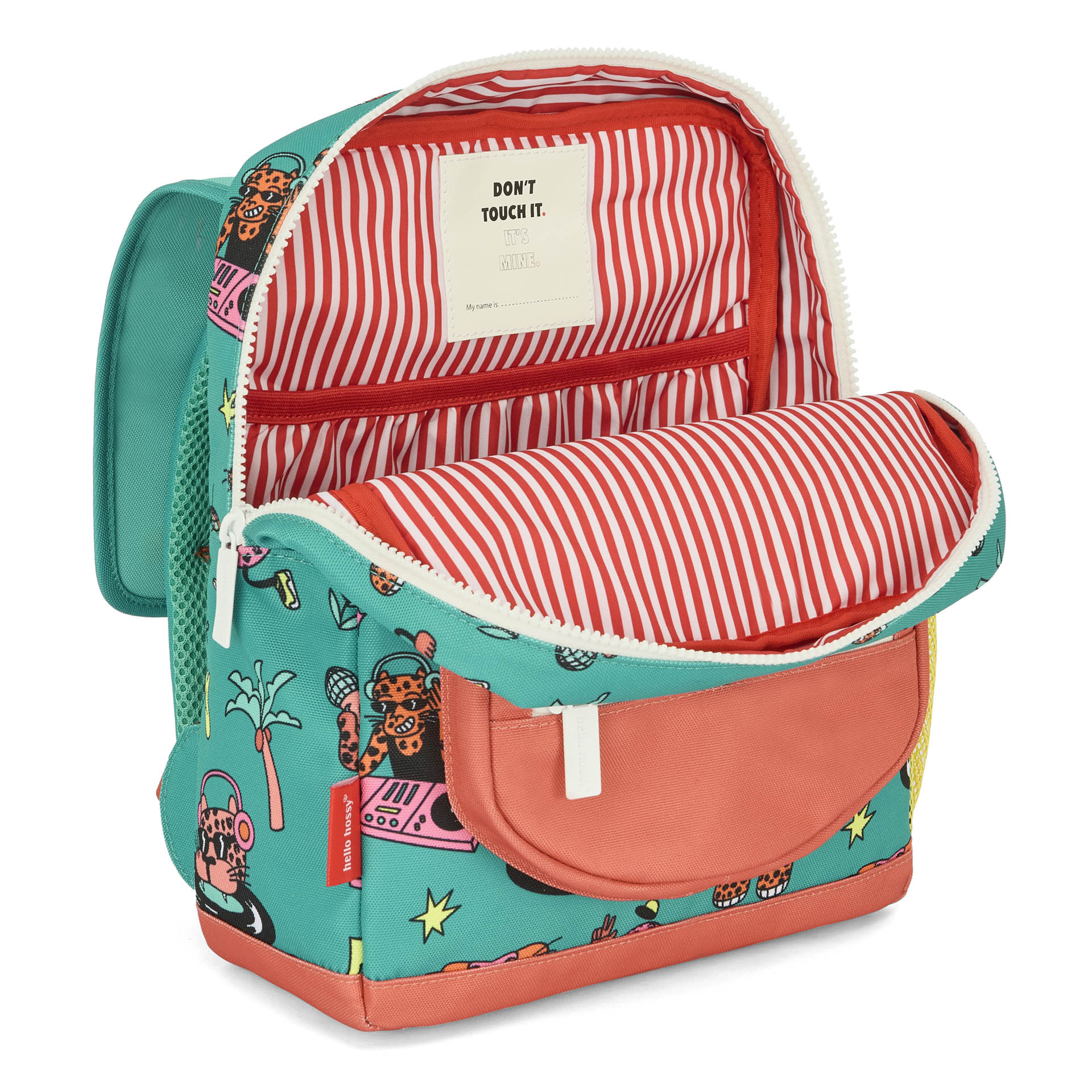 Sac à dos enfant vert corail motif animaux intérieur rayures Hello Hossy
