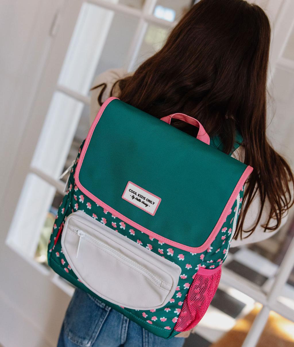 Sac à dos enfant vert imprimé fleurs rose poche blanche Hello Hossy