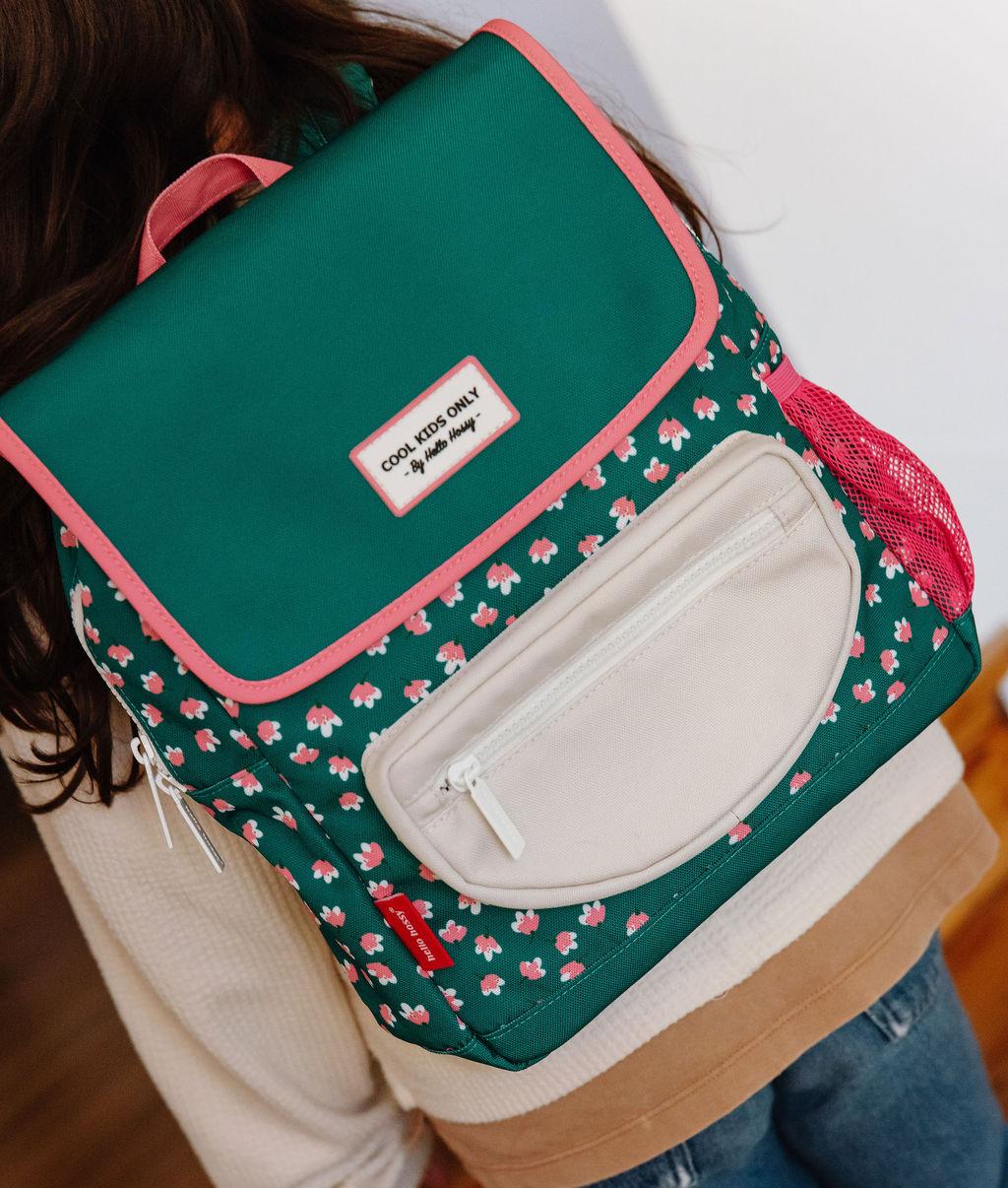Sac à dos enfant vert motif fleurs rose poche crème Hello Hossy