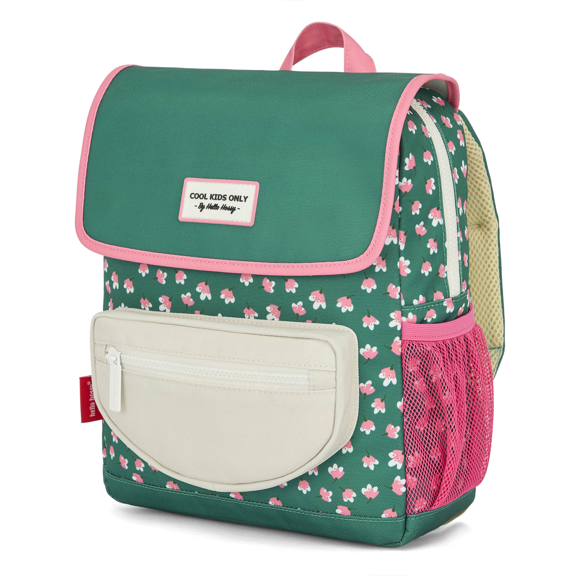 Sac à dos enfant vert imprimé fleurs roses poches blanches Hello Hossy