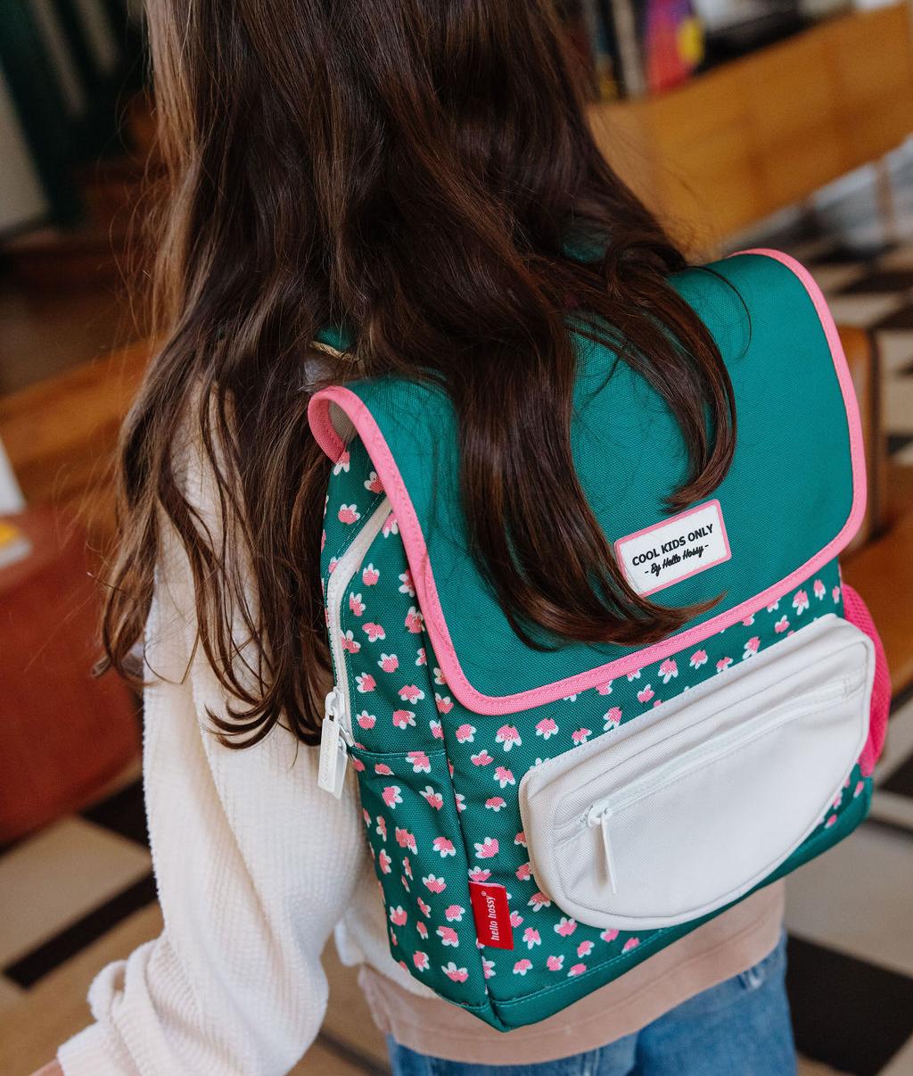 Sac à dos enfant vert motif fleurs rose pochette blanche Hello Hossy
