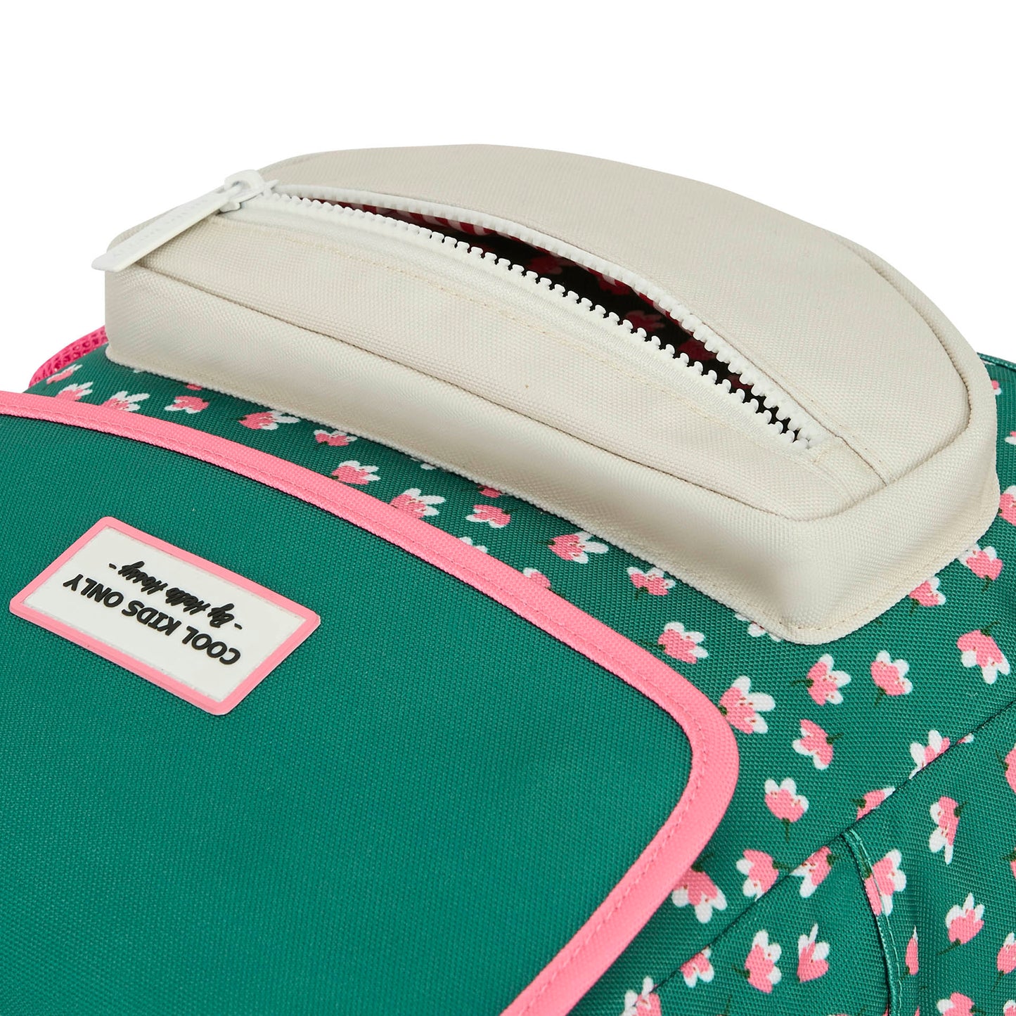 Sac à dos enfant vert imprimé fleurs rose poche crème Hello Hossy