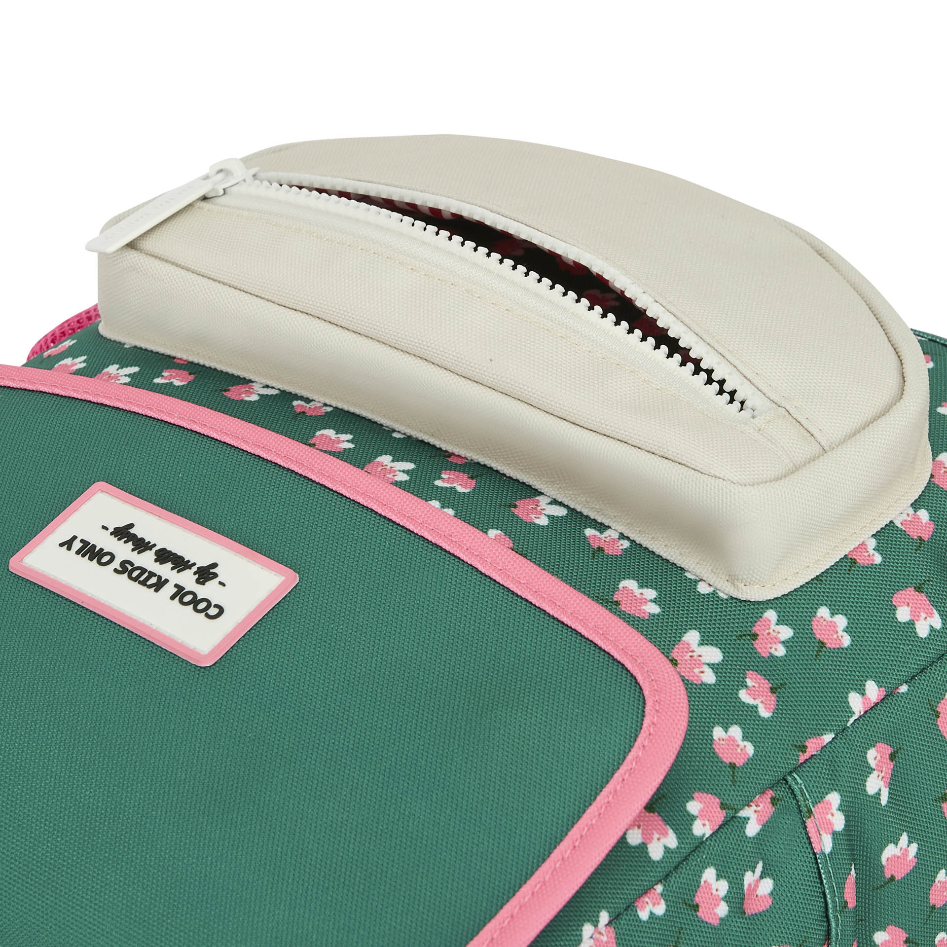 Sac à dos enfant vert imprimé fleurs rose poche crème Hello Hossy