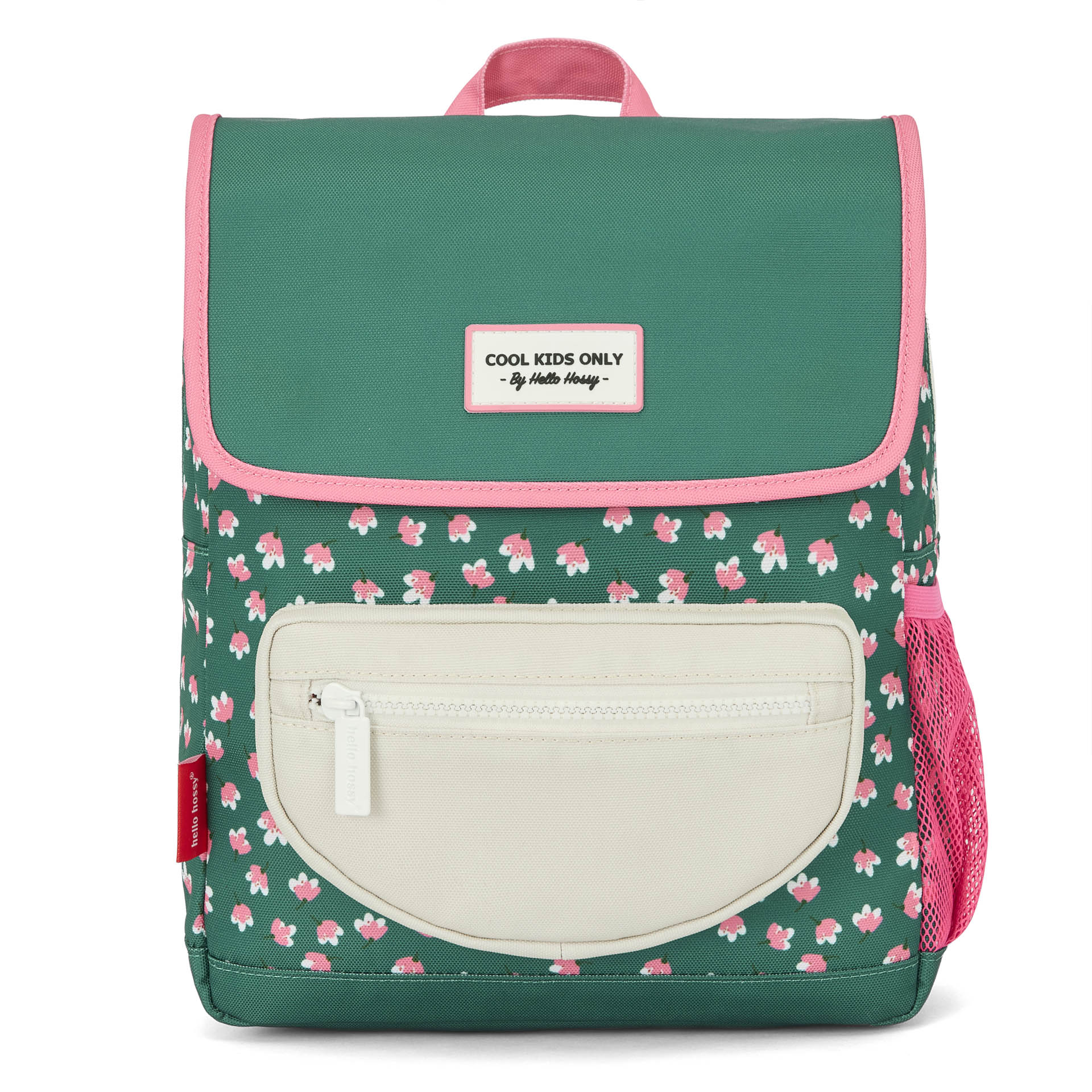 Sac à dos enfant vert imprimé fleurs rose poche beige Hello Hossy