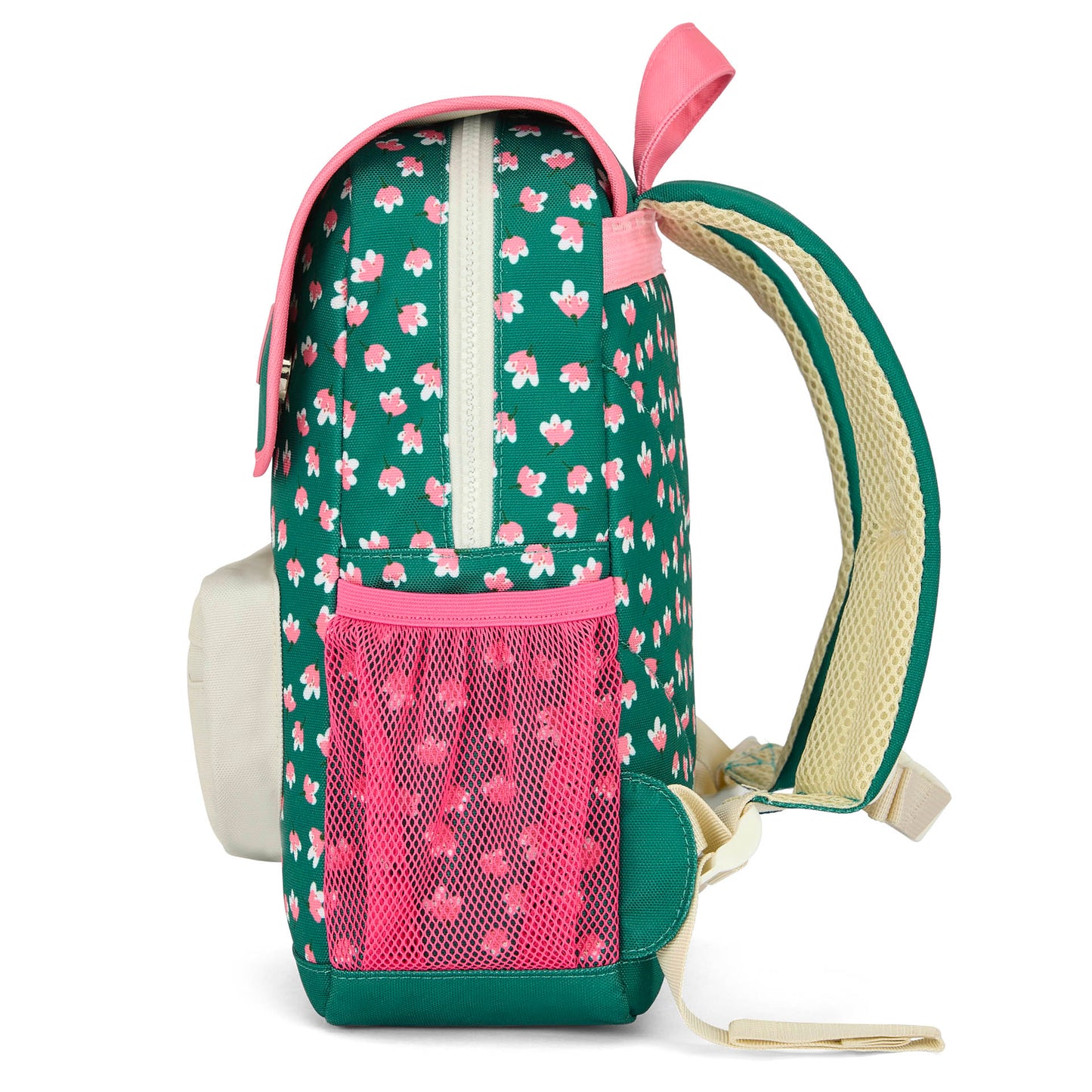 Sac à dos enfant vert fleurs rose poche filet Hello Hossy