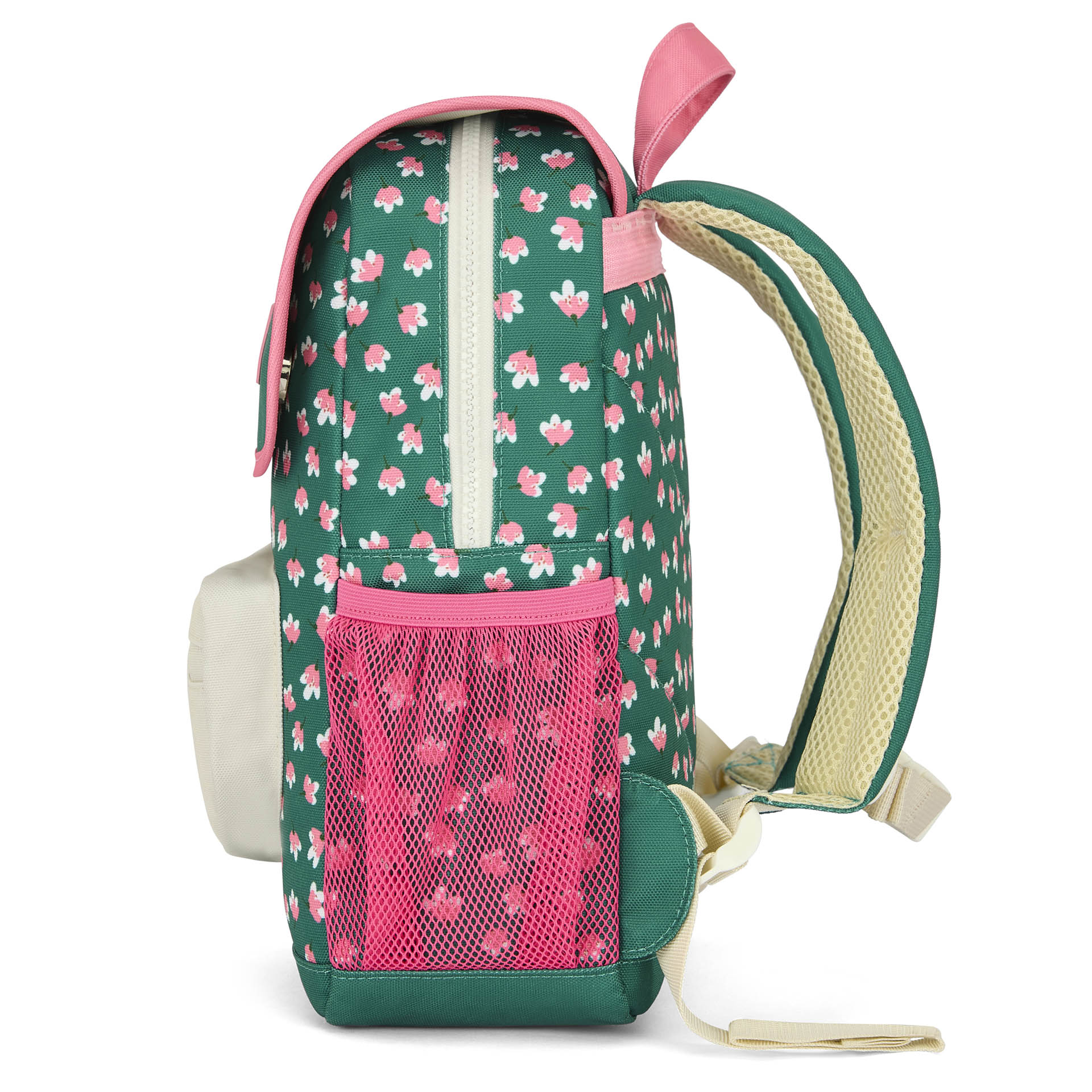 Sac à dos enfant vert fleurs rose poche filet Hello Hossy