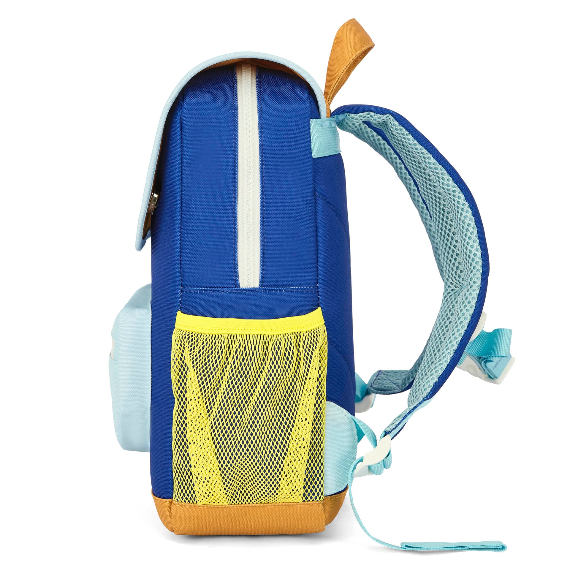 Sac à dos enfant bleu mesh jaune détails marron Hello Hossy