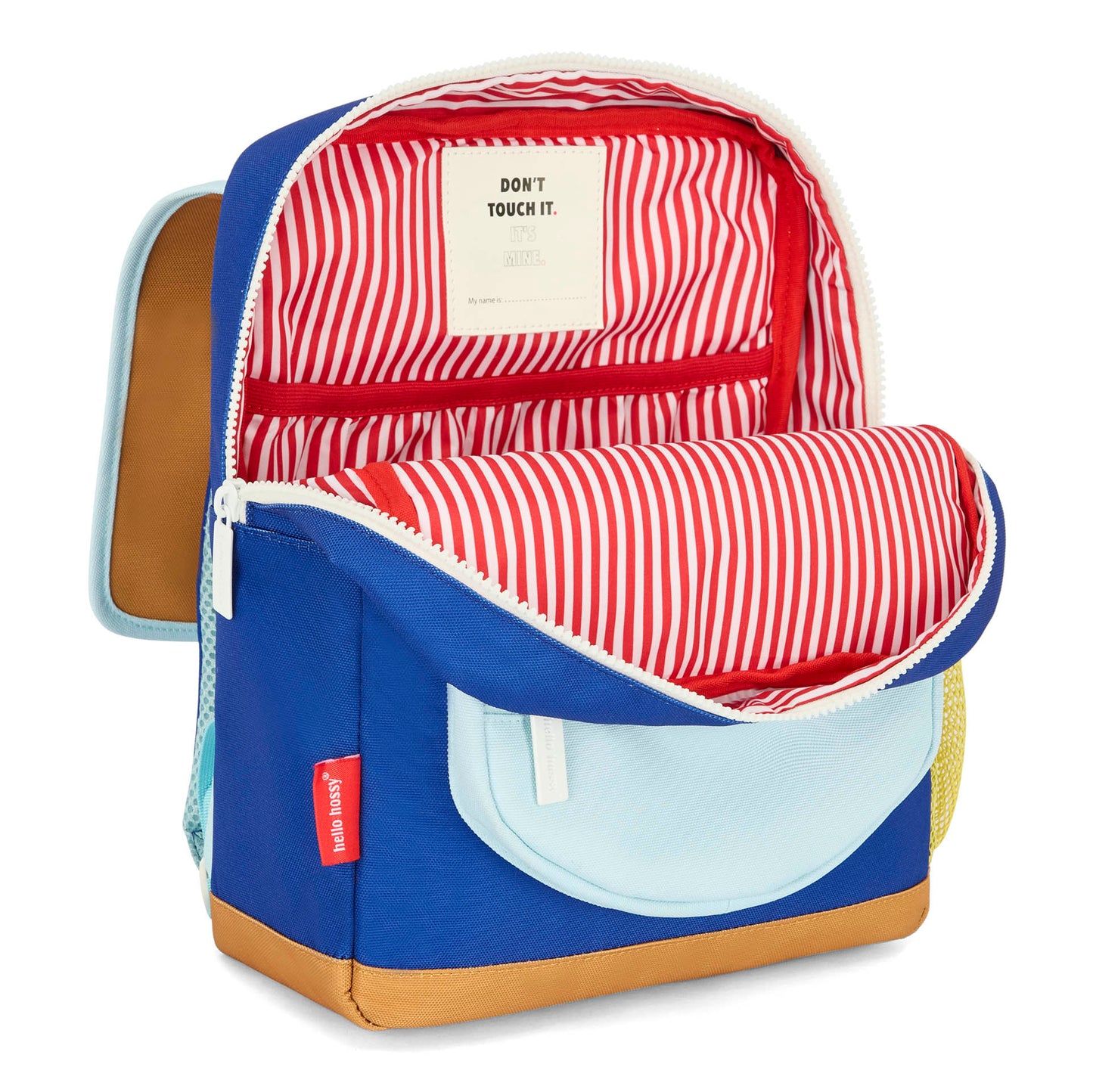 Sac à dos enfant bleu poche claire rayures rouges Hello Hossy
