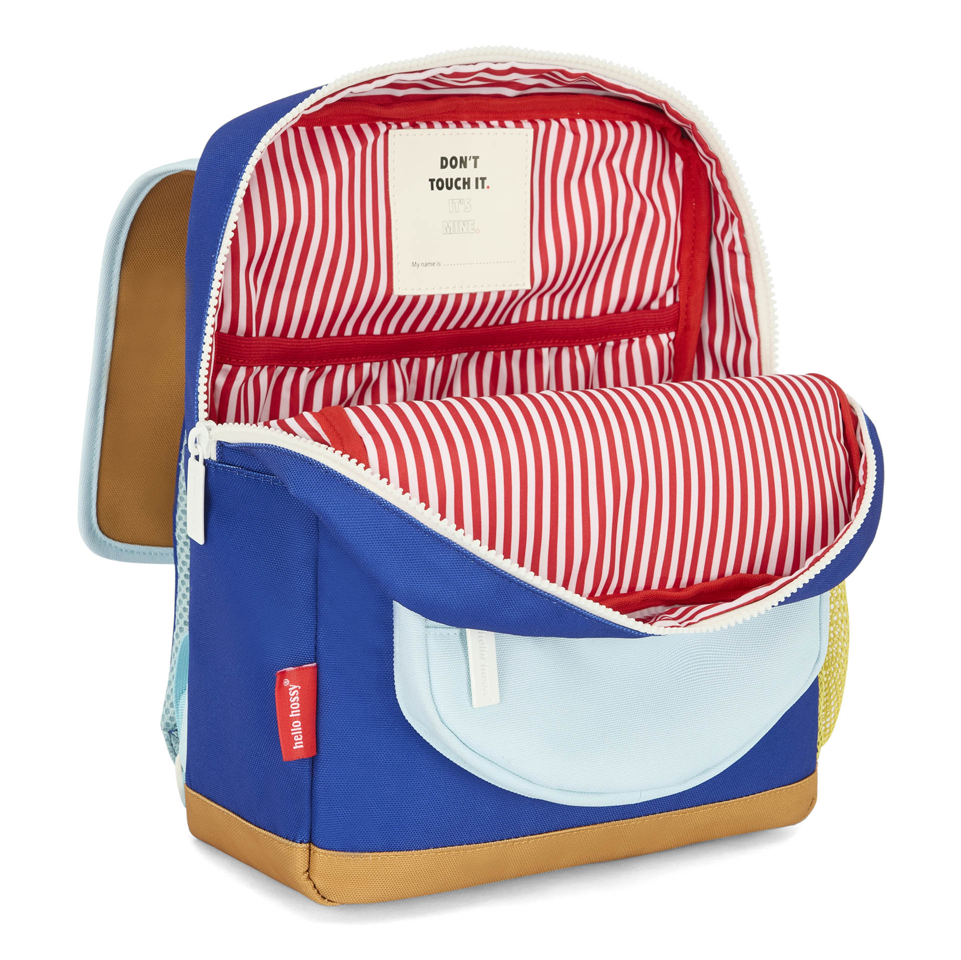 Sac à dos enfant bleu poche claire rayures rouges Hello Hossy