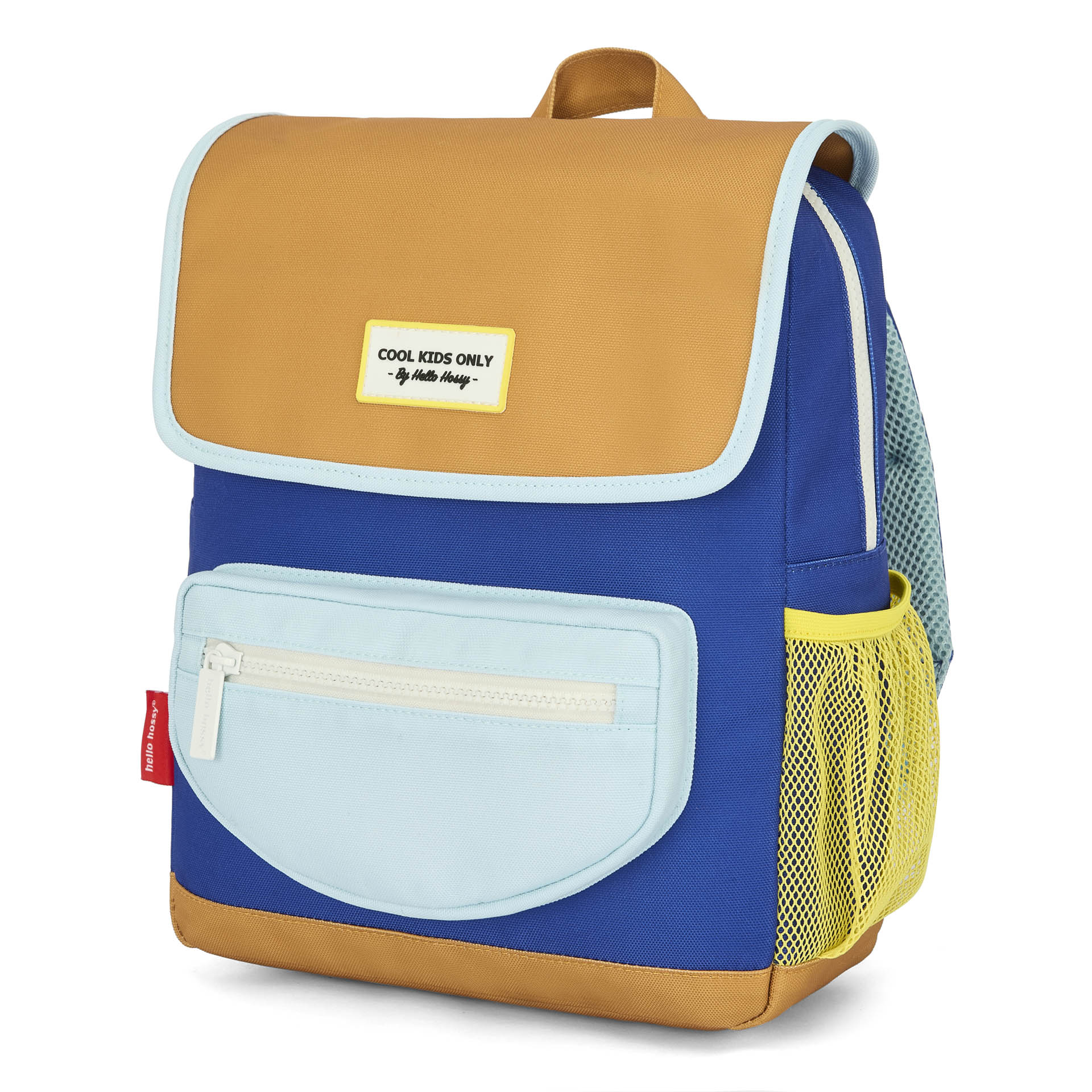 Sac à dos enfant bleu marron poches filet jaunes Hello Hossy