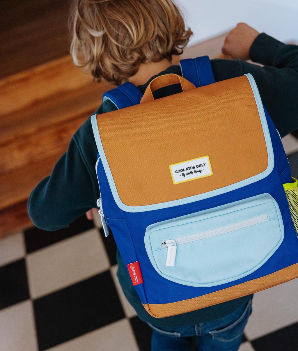 Kinder-Rucksack blau helle Tasche Reißverschluss gelbes Detail Hello Hossy