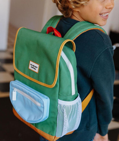 Rucksack Kind Grün blaue Tasche gelbe Details Hello Hossy