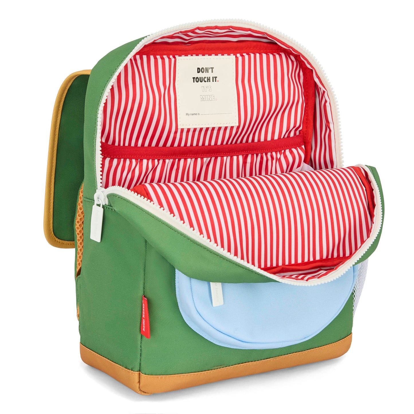 Rucksack Kind Grün hellblaue Taschen gestreiftes Innenfutter Rot Hello Hossy