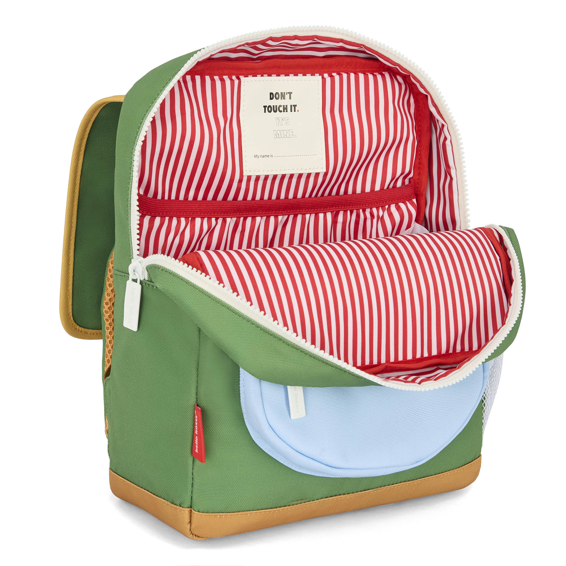 Rucksack Kind Grün hellblaue Taschen gestreiftes Innenfutter Rot Hello Hossy