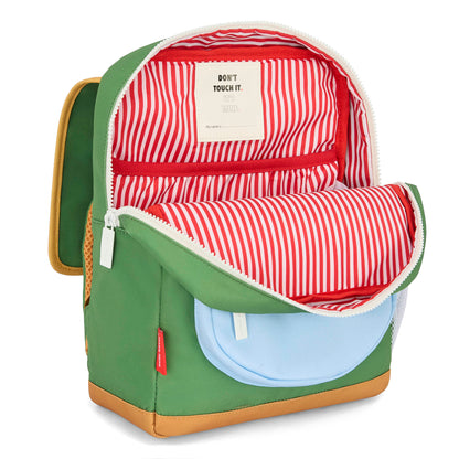 Rucksack Kind Grün hellblaue Taschen gestreiftes Innenfutter Rot Hello Hossy