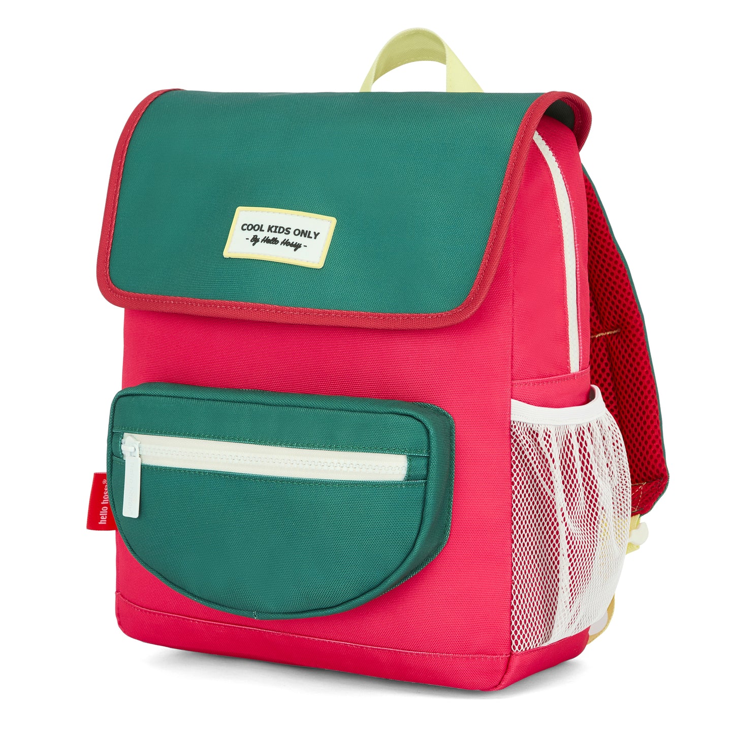 Sac à dos enfant framboise vert poche avant Hello Hossy