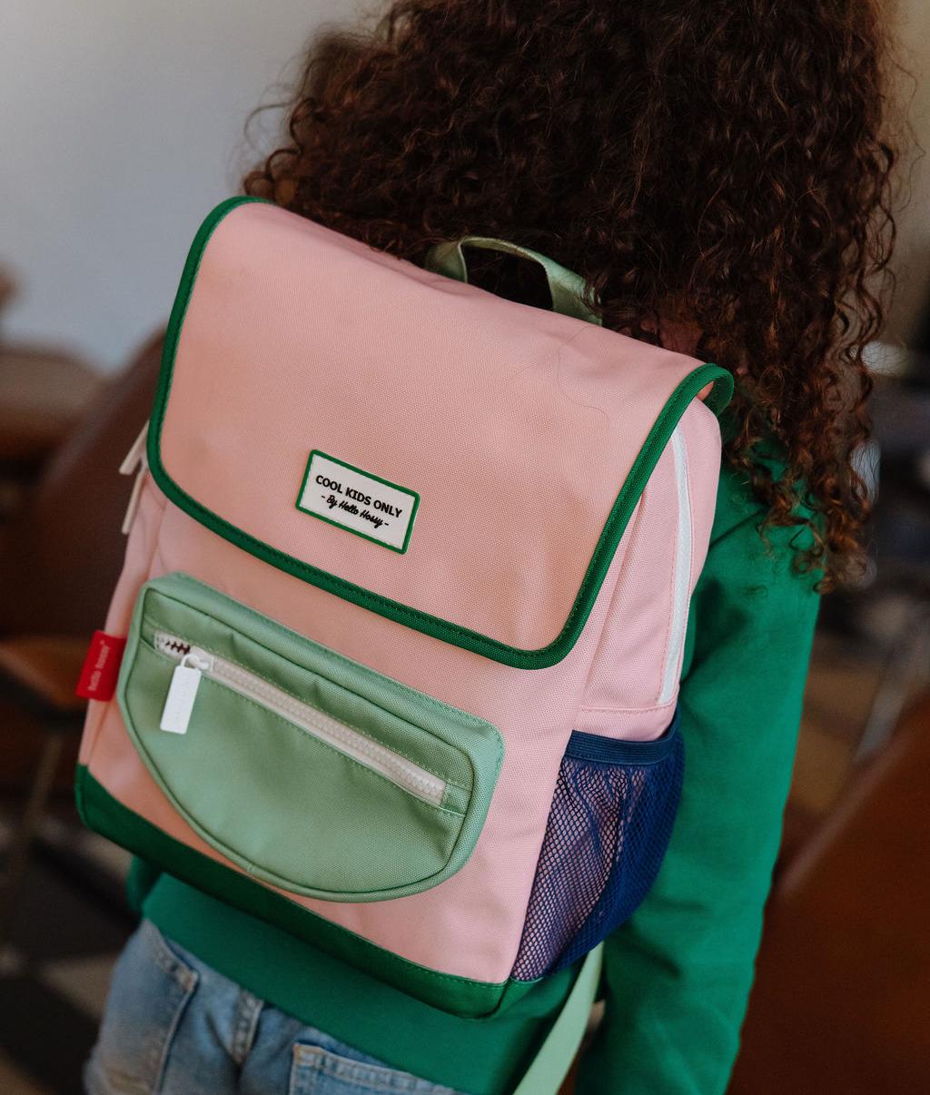 Rucksack Kind Rosa grüner Rand Vordertasche Hello Hossy