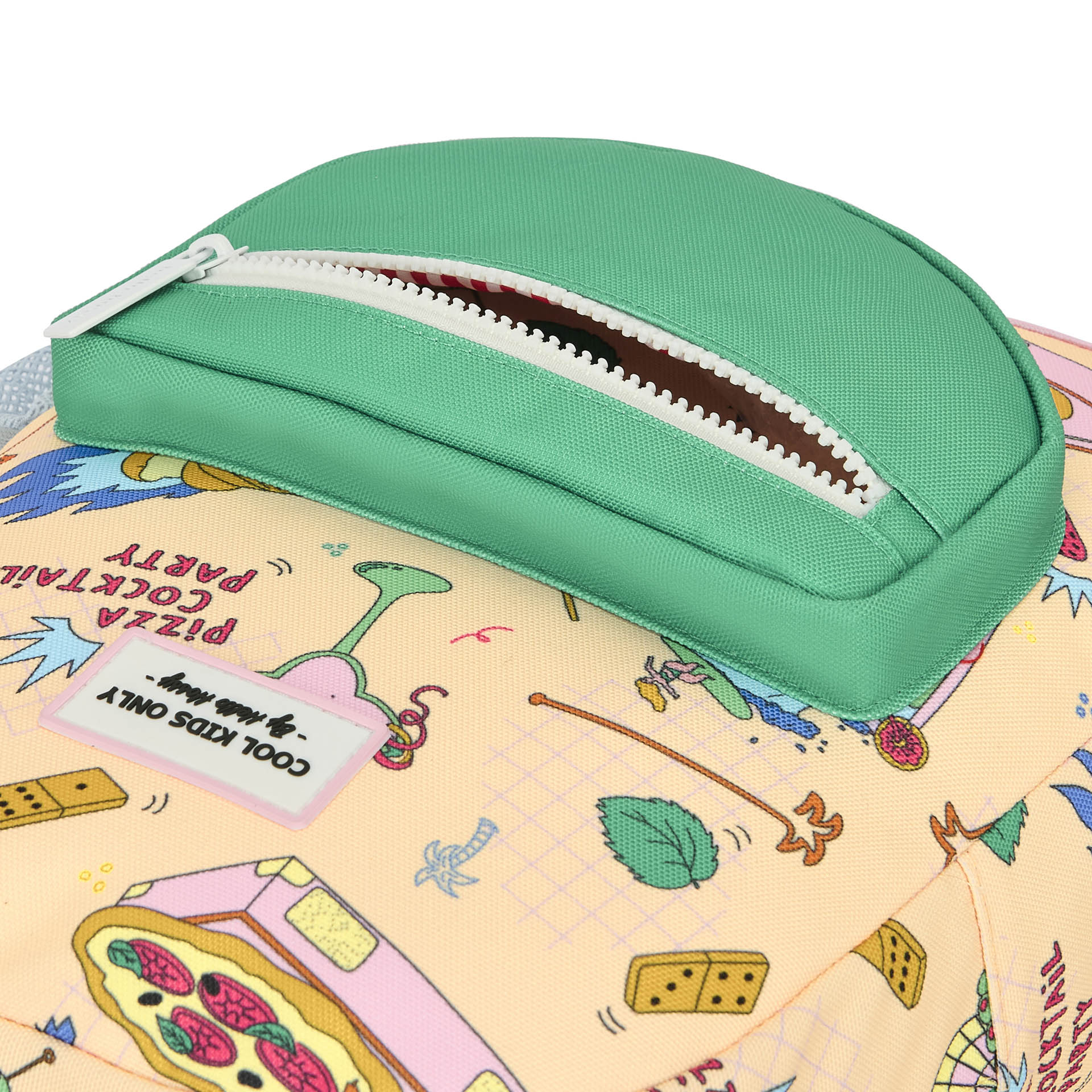 Sac à dos enfant beige vert motifs food poche zippée Hello Hossy