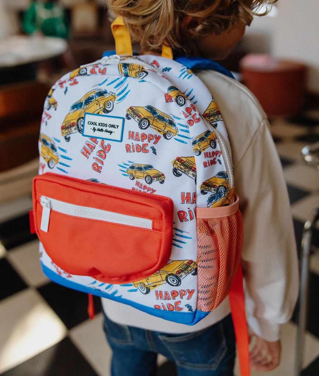 Sac à dos enfant blanc imprimé voitures poche orange Hello Hossy