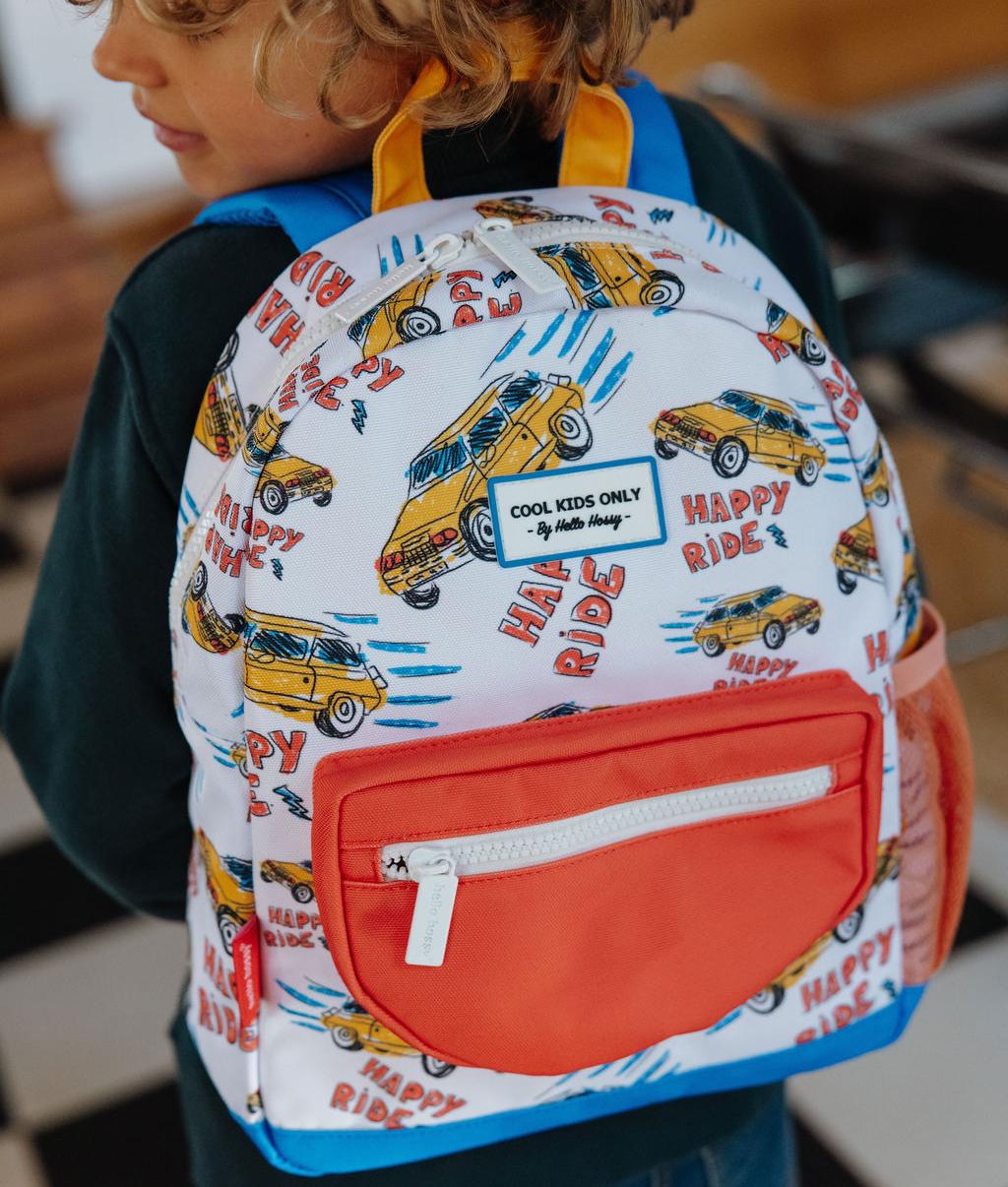 Sac à dos enfant blanc orange motif voiture Hello Hossy