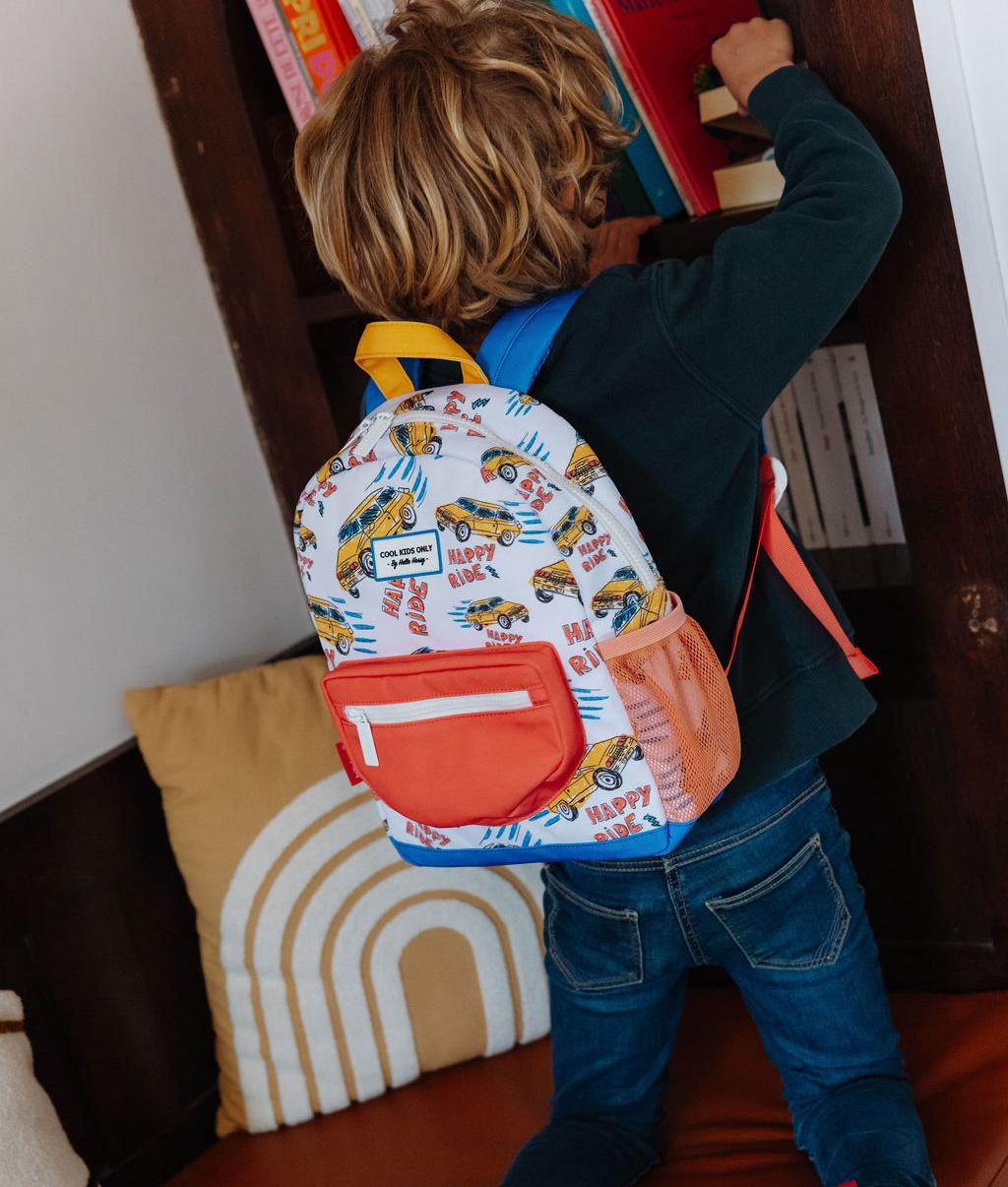Sac à dos enfant blanc orange motif voitures Hello Hossy