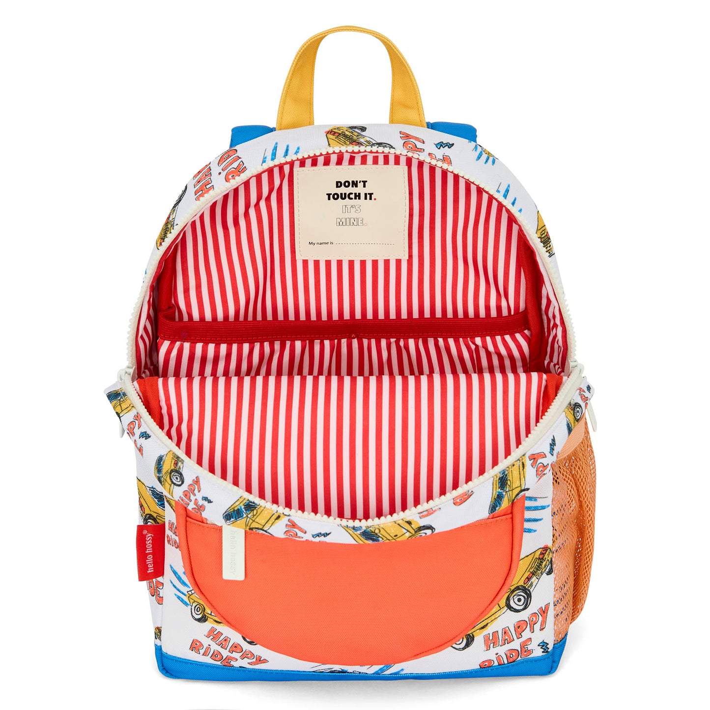 Sac à dos enfant blanc orange motif voitures intérieur rayures Hello Hossy