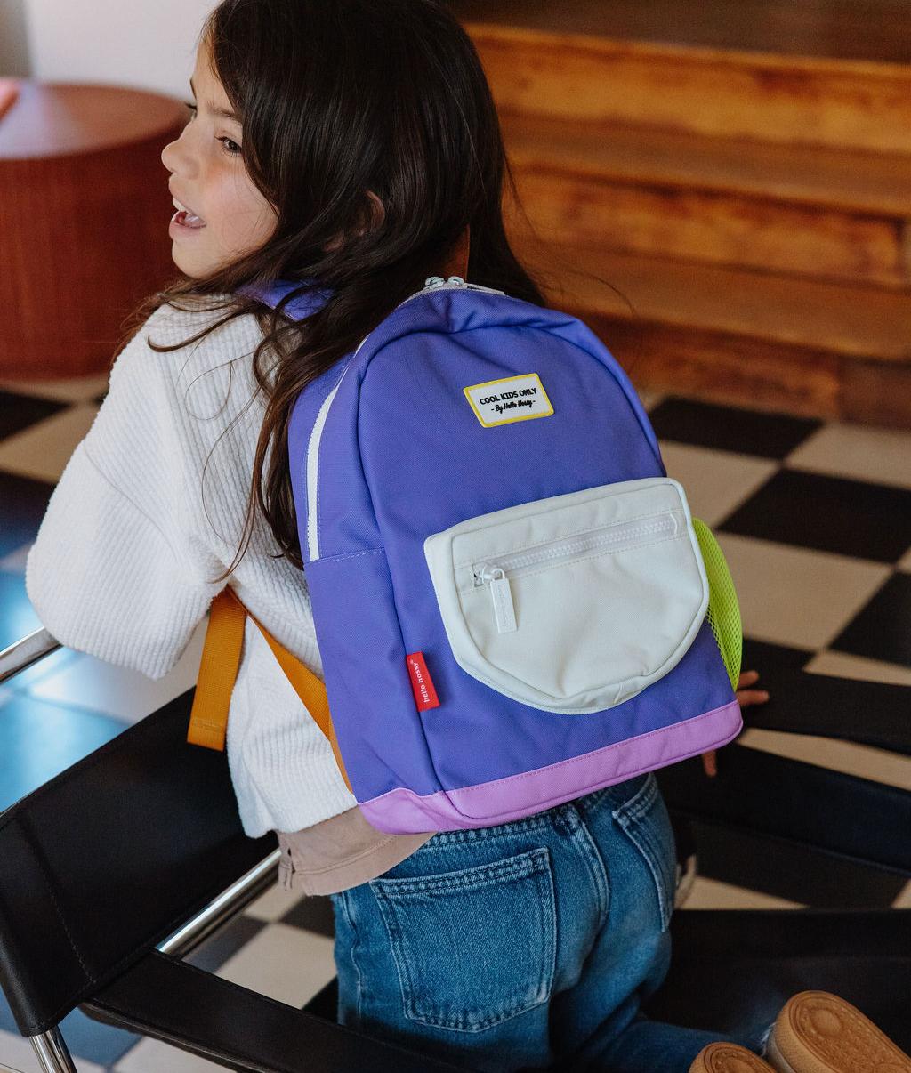 Sac à dos enfant violet poche blanche Hello Hossy