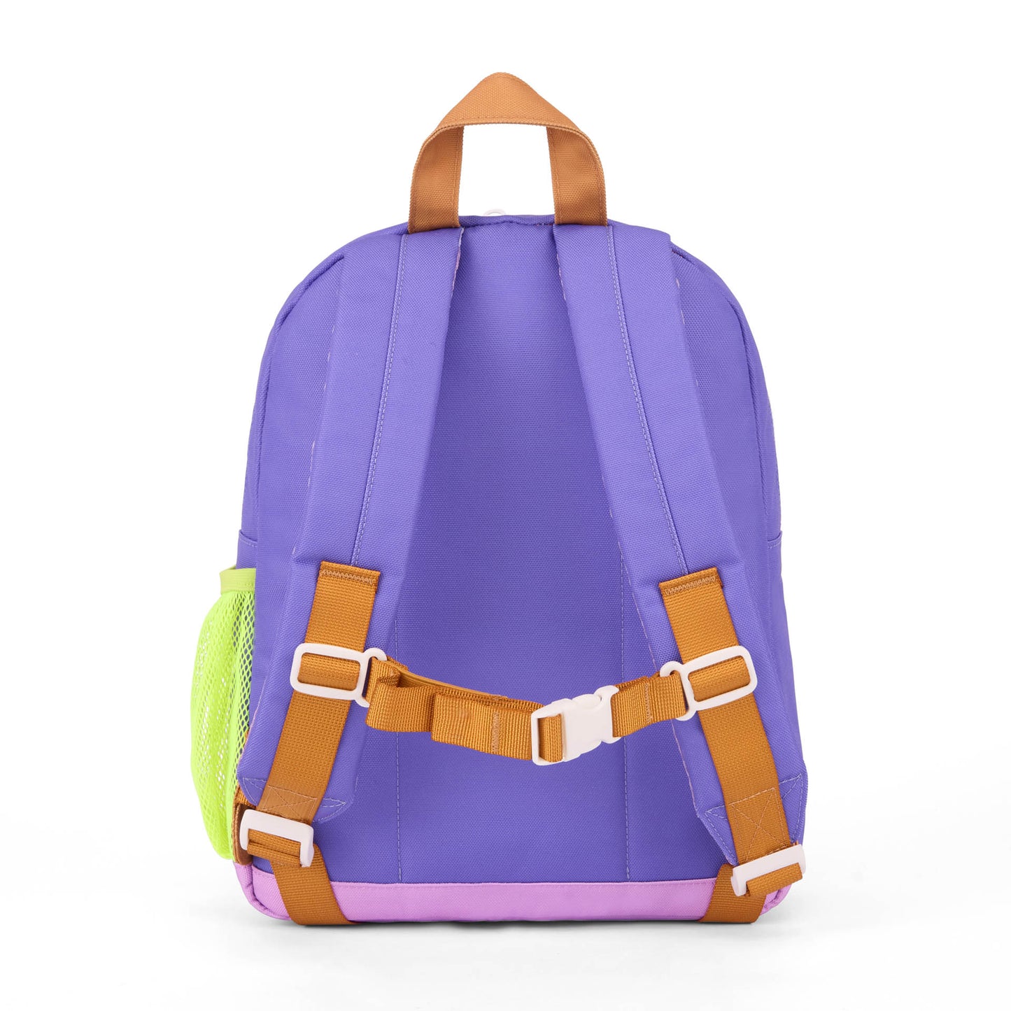 Sac à dos enfant violet avec poche filet verte et sangles marron Hello Hossy