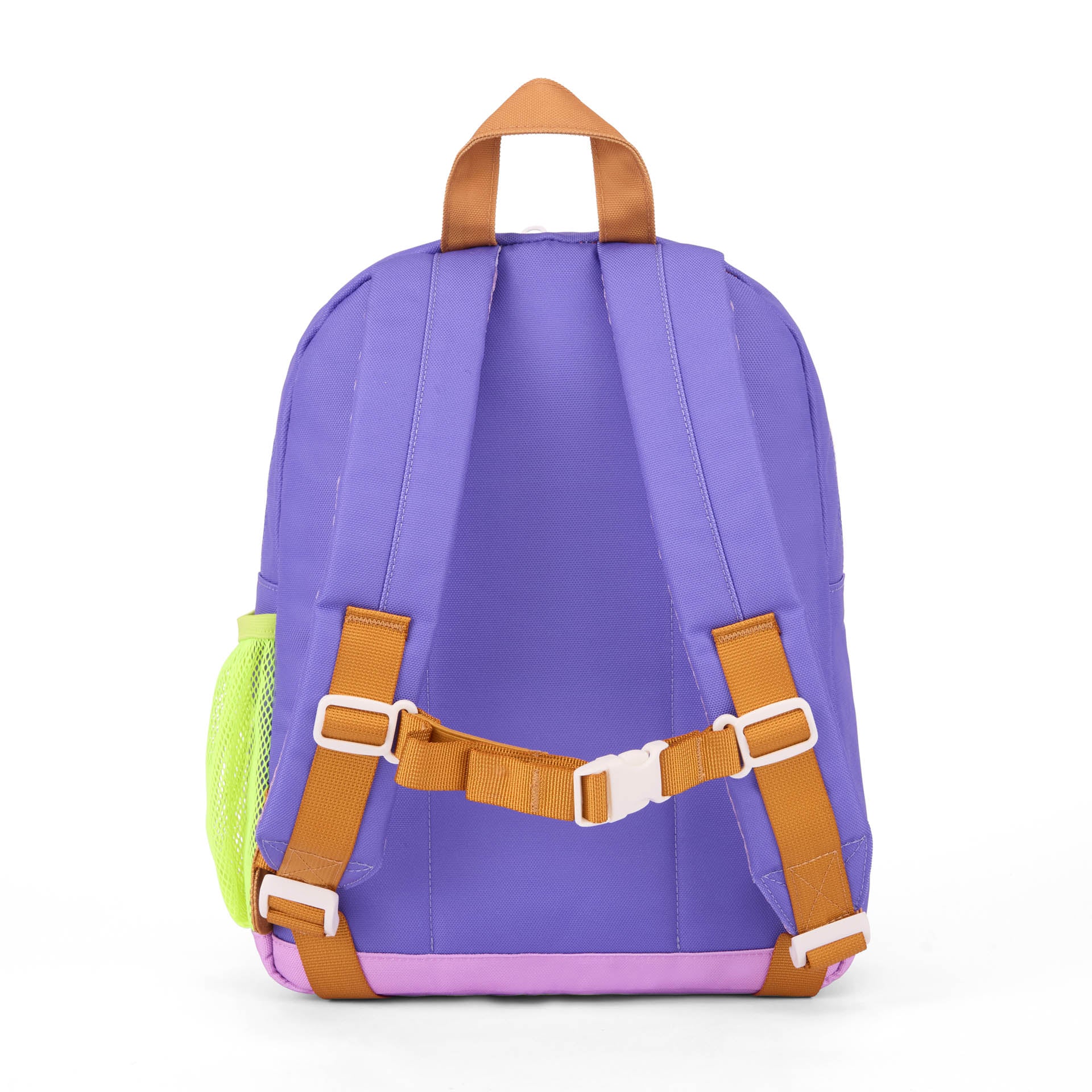 Sac à dos enfant violet avec poche filet verte et sangles marron Hello Hossy