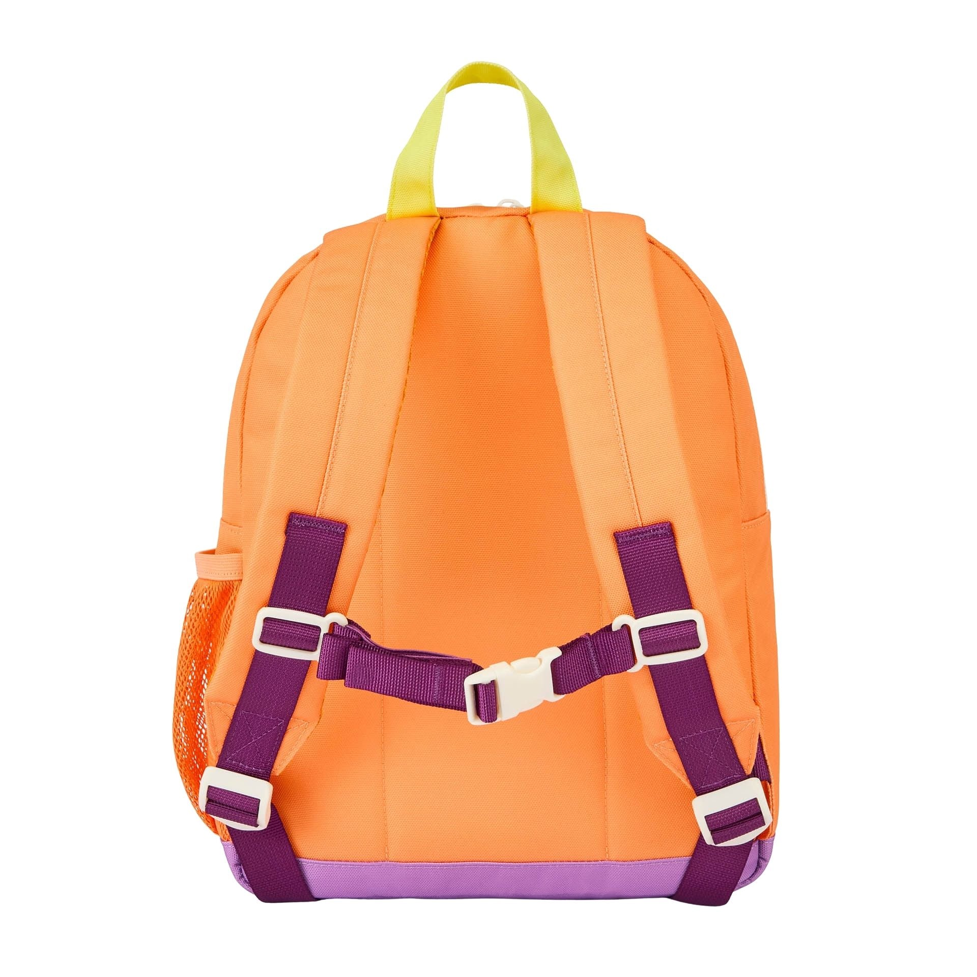 Kinder-Rucksack orange gelbe Tragegriffe violette Riemen Hello Hossy