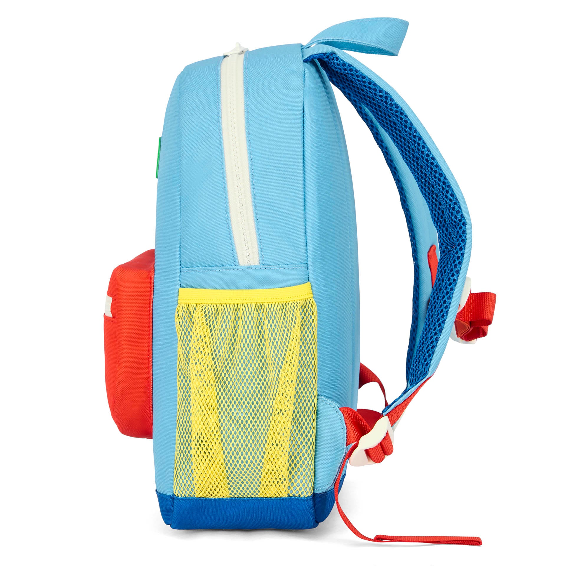 Sac à dos enfant bleu poche filet jaune détail rouge Hello Hossy