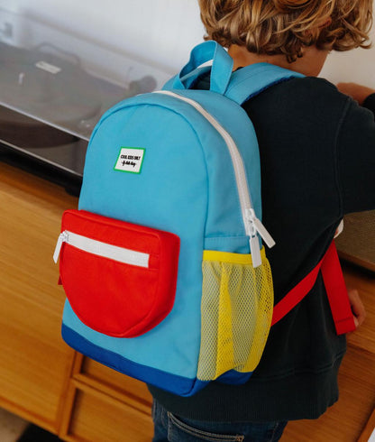 Sac à dos enfant bleu poche rouge filet jaune Hello Hossy