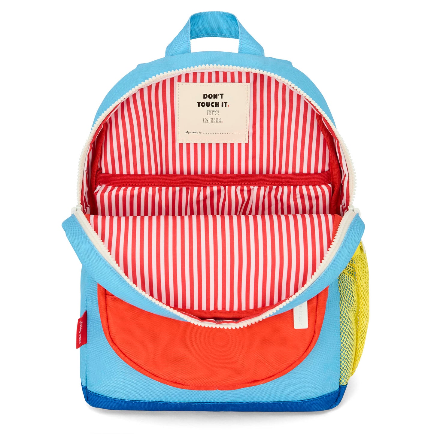 Sac à dos enfant bleu poche orange intérieur rayé rouge Hello Hossy