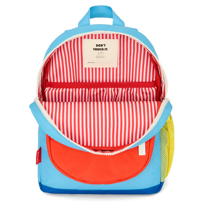 Sac à dos enfant bleu poche orange intérieur rayé rouge Hello Hossy
