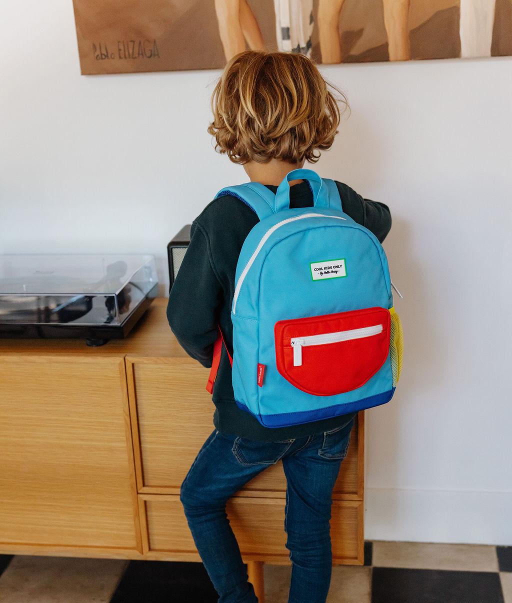 Sac à dos enfant bleu poche rouge Hello Hossy