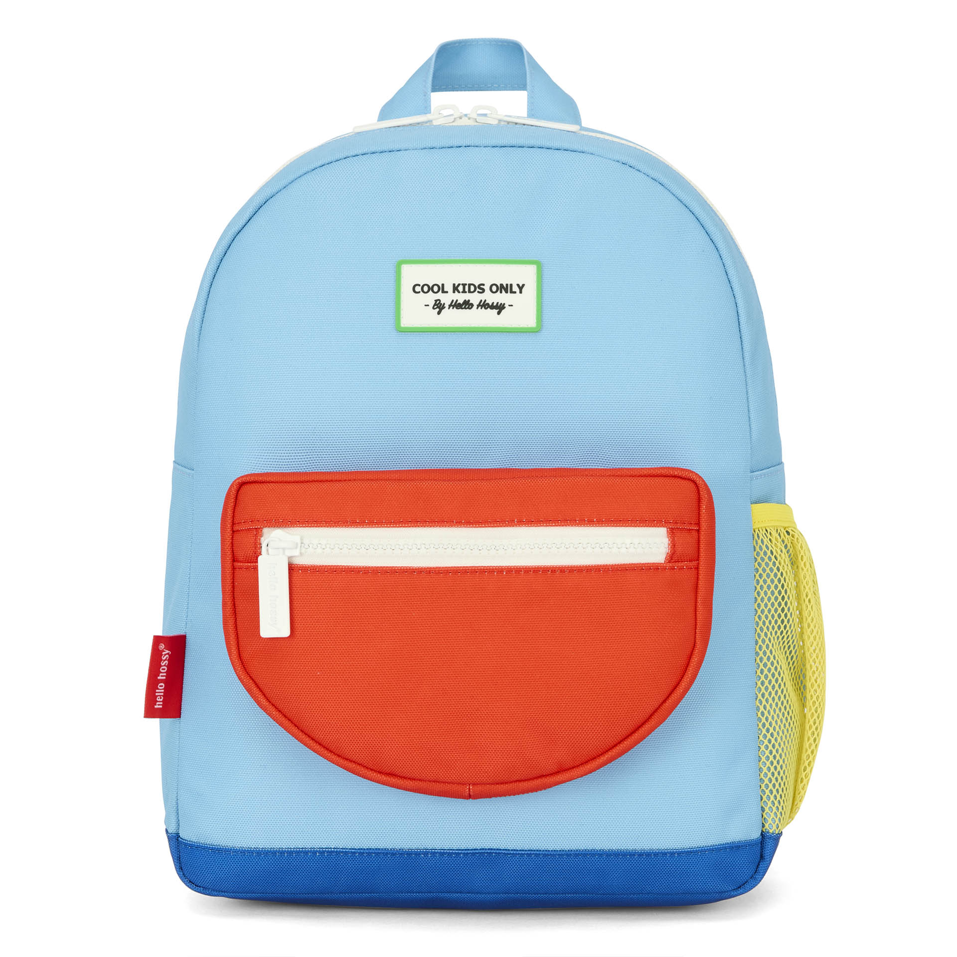 Sac à dos enfant bleu poche orange filet jaune Hello Hossy
