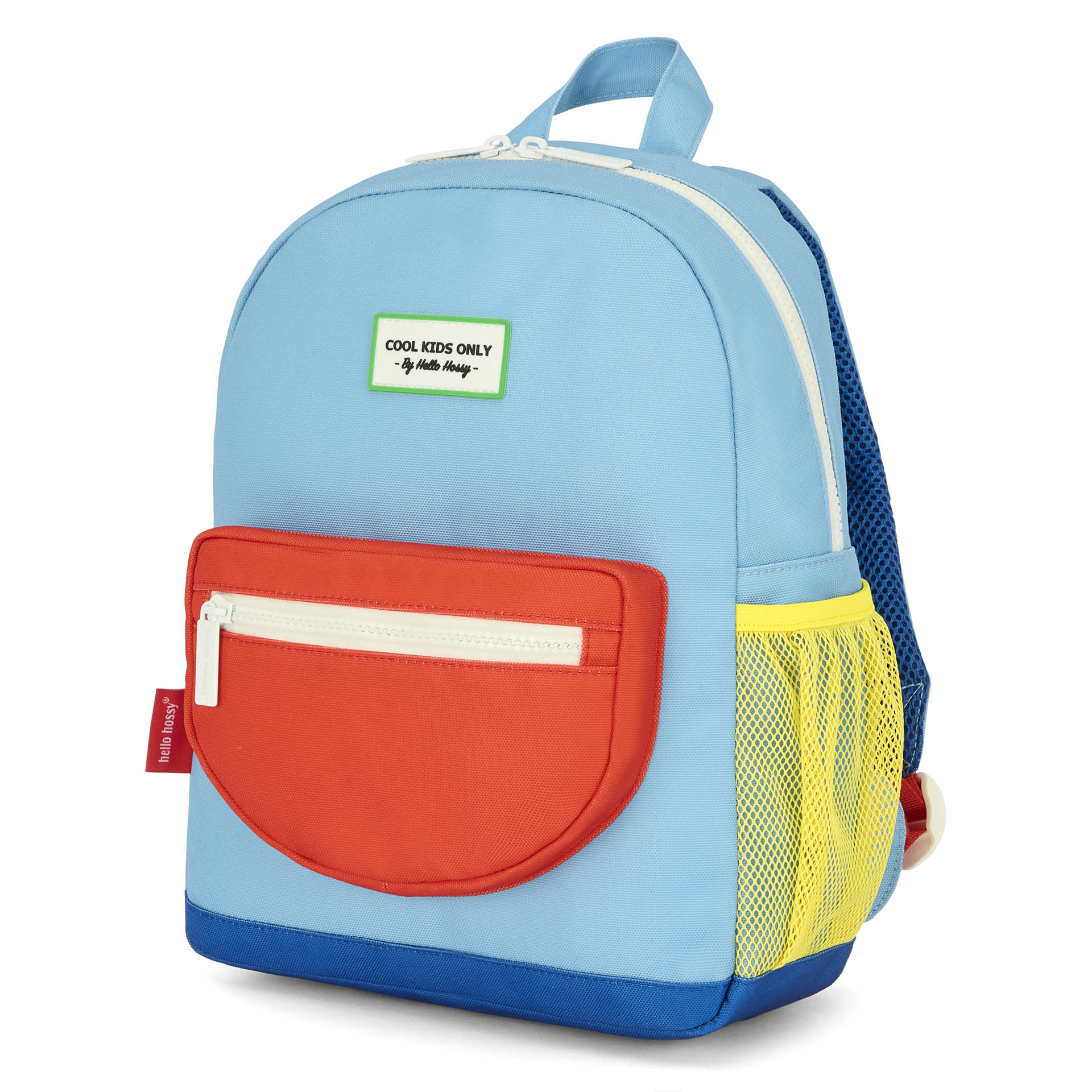 Sac à dos enfant bleu poche rouge maille jaune Hello Hossy