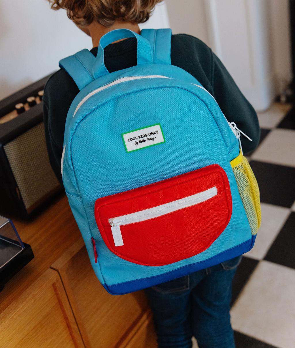 Sac à dos enfant bleu poche rouge Hello Hossy