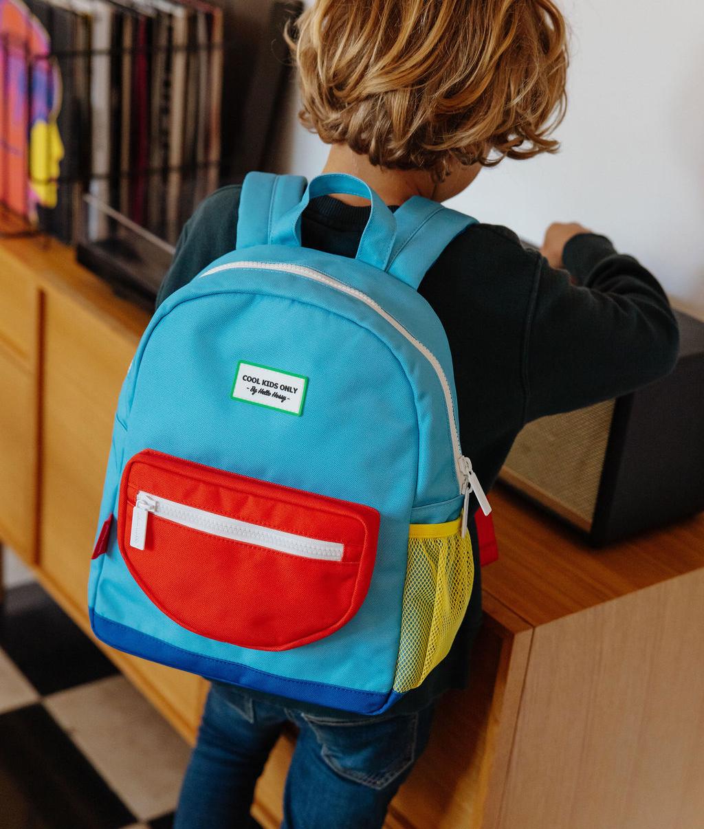 Sac à dos enfant bleu poche rouge filet jaune Hello Hossy